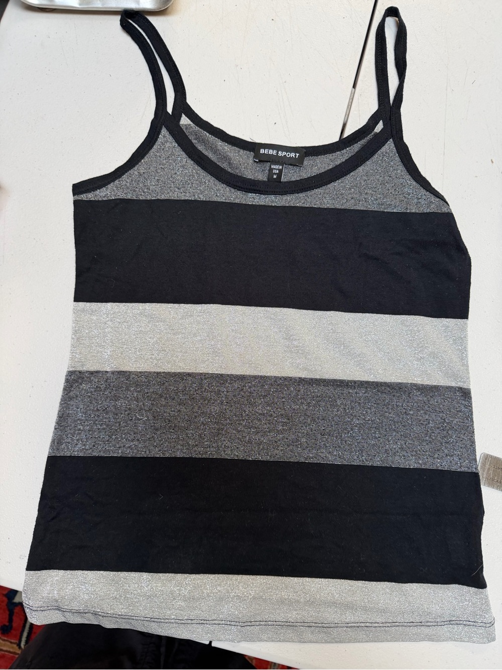 bebe Striped Black & Silver Tank Top